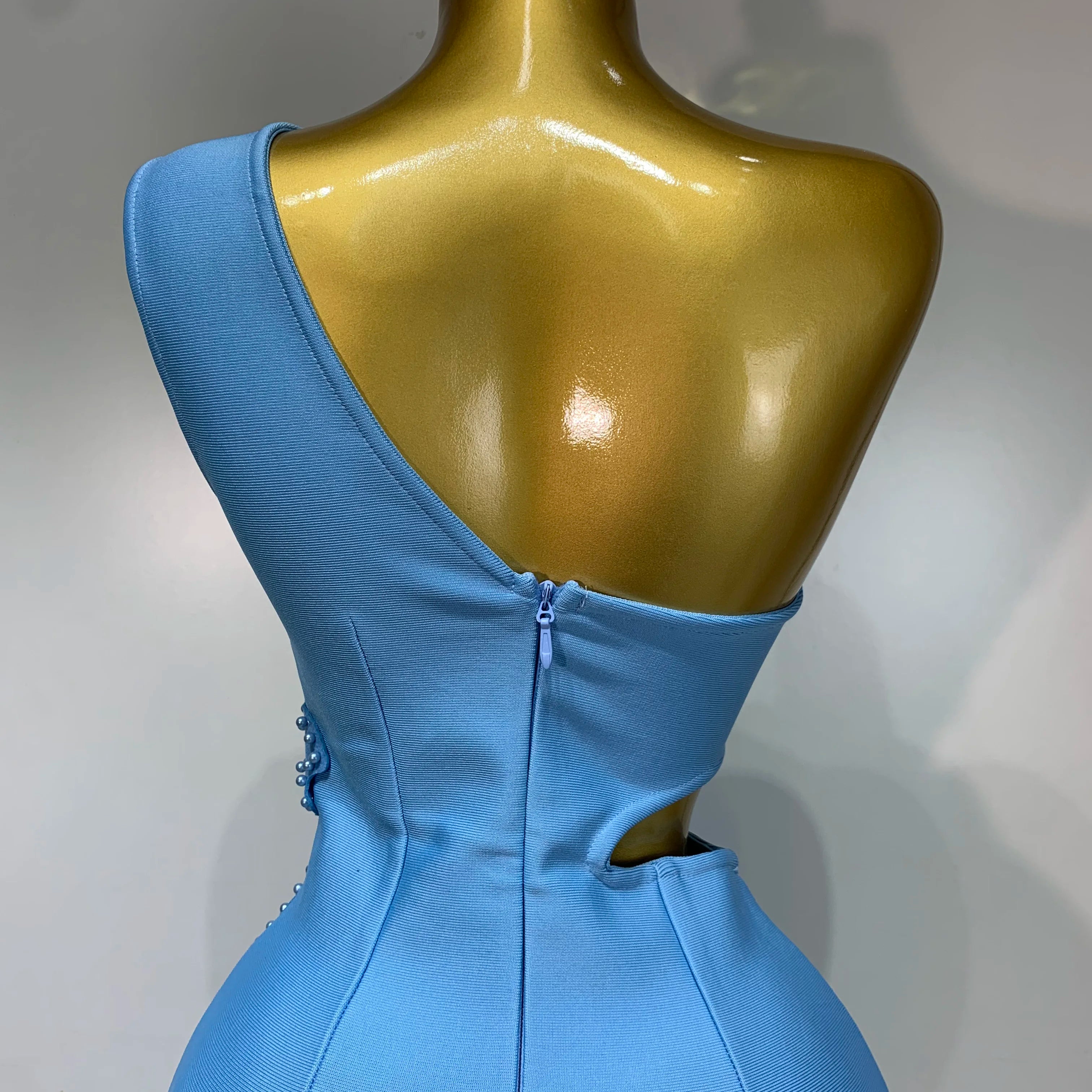 Women Sexy Luxury Birthday One Shoulder Pearl Sky Blue Bodycon Bandage Dress 2025 Celebrity Elegant Evening Club Party Outfit