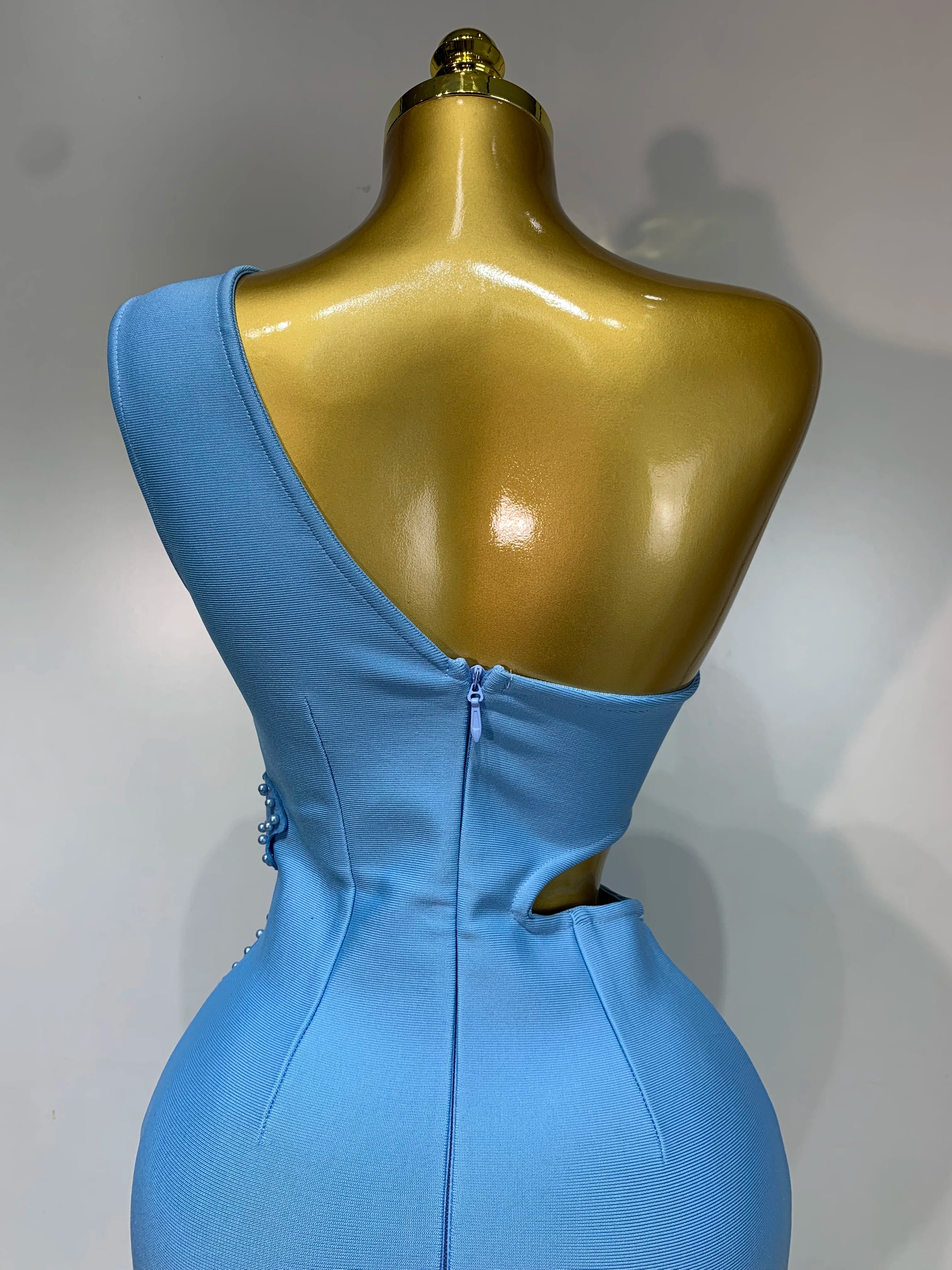 Women Sexy Luxury Birthday One Shoulder Pearl Sky Blue Bodycon Bandage Dress 2025 Celebrity Elegant Evening Club Party Outfit