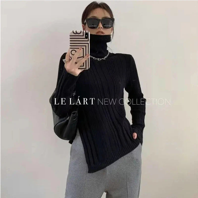 Turtleneck Women Sweater 2021 Autumn Winter New Side Slit Pullover Tops Korean Fashion Knit Sweaters Long Flare Sleeve Basic Black Turtleneck