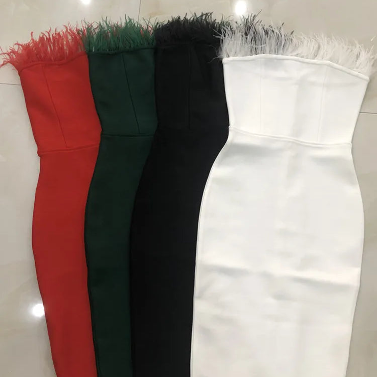 Summer Sexy Strapless Backless Feather Black Midi Women Bodycon Bandage Dress Designer Fashion Party Club Dress Vestido