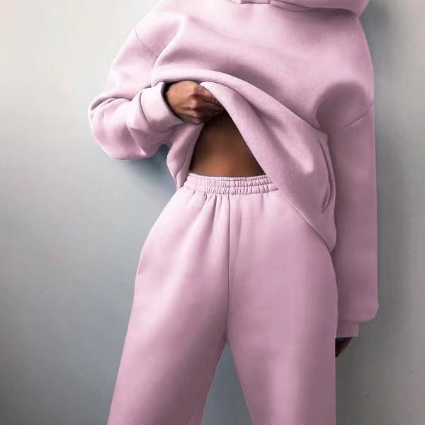 Winter Women Two Piece Sets Tracksuit Autumn Casual Solid Long Sleeve Hoodie Sweatshirts Female Oversized Trouser Pant Suit Pink