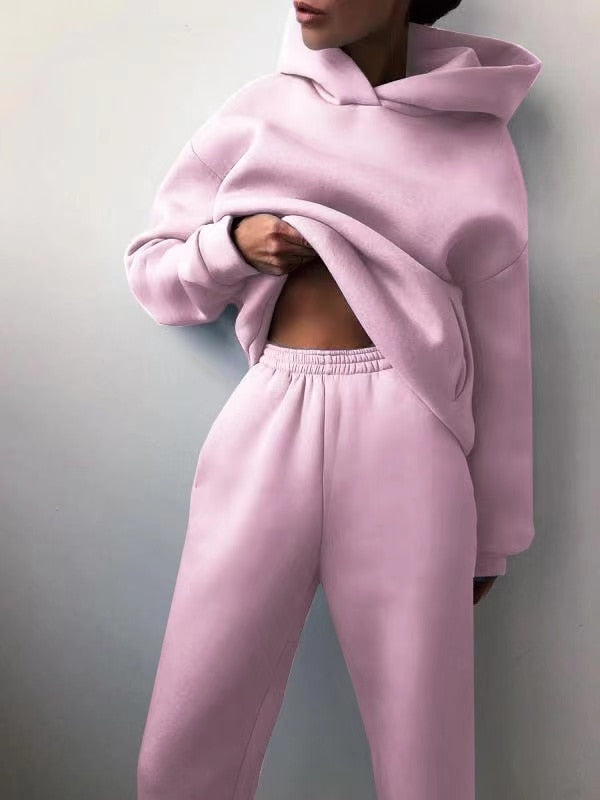 Winter Women Two Piece Sets Tracksuit Autumn Casual Solid Long Sleeve Hoodie Sweatshirts Female Oversized Trouser Pant Suit Pink