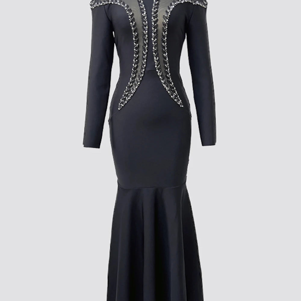 Newest Fashion 2025 Designer Party Vestido Women'S Diamonds Mesh Long Sleeves Bodycon Mermaid Long Maxi Dress