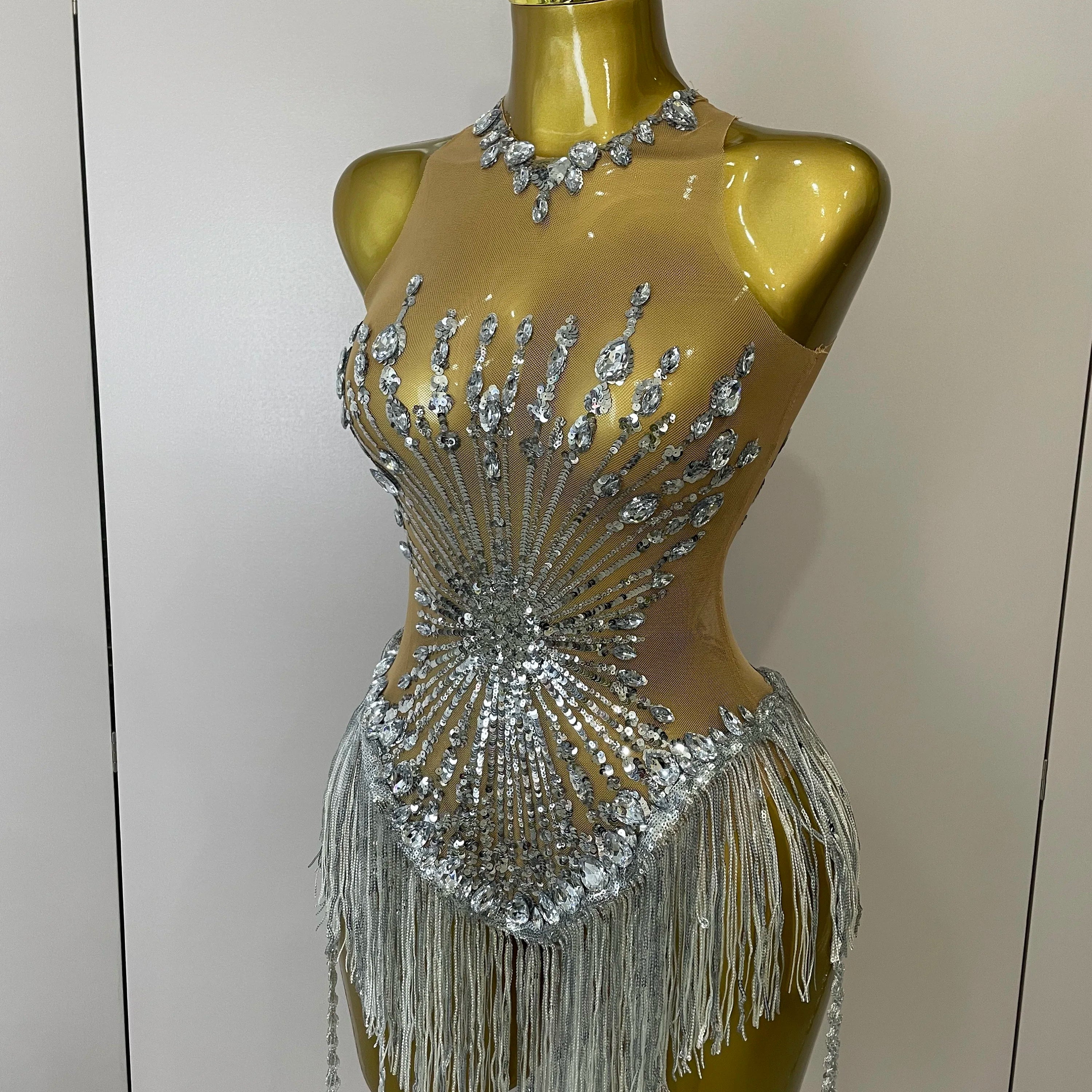 STOCK Sliver Sequins Shining Diamonds Sexy Mesh Long Tassel Bodysuit Women Nightclub Party Birthday Stage Performance Costume