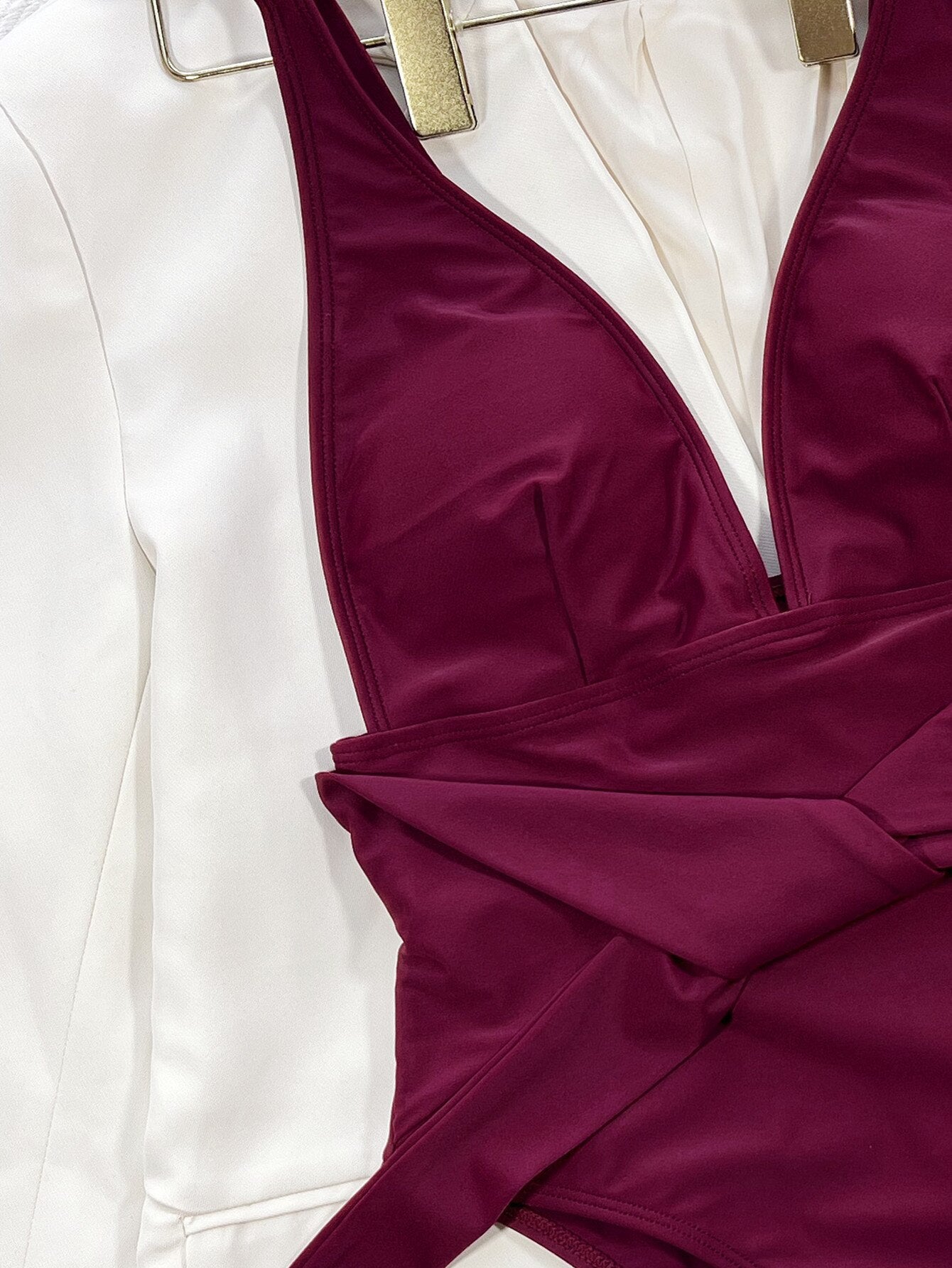 Sexy One Piece Swimsuit - Swimwear Burgundy V-neck Bowknot Hollow One-piece Bathing Suit Beachwear Trajes De Bano Mujer