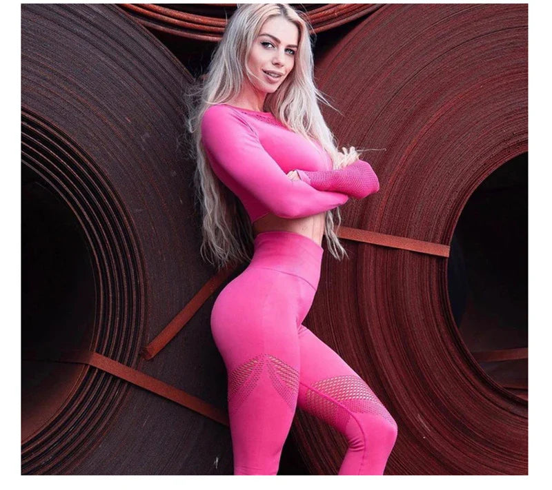 Seamless Yoga Set Sport Outfits Women 2pcs Two Piece Hollow Long Sleeve Crop top Leggings Workout Wear Gym Suit Fitness Sets Rose Red Set