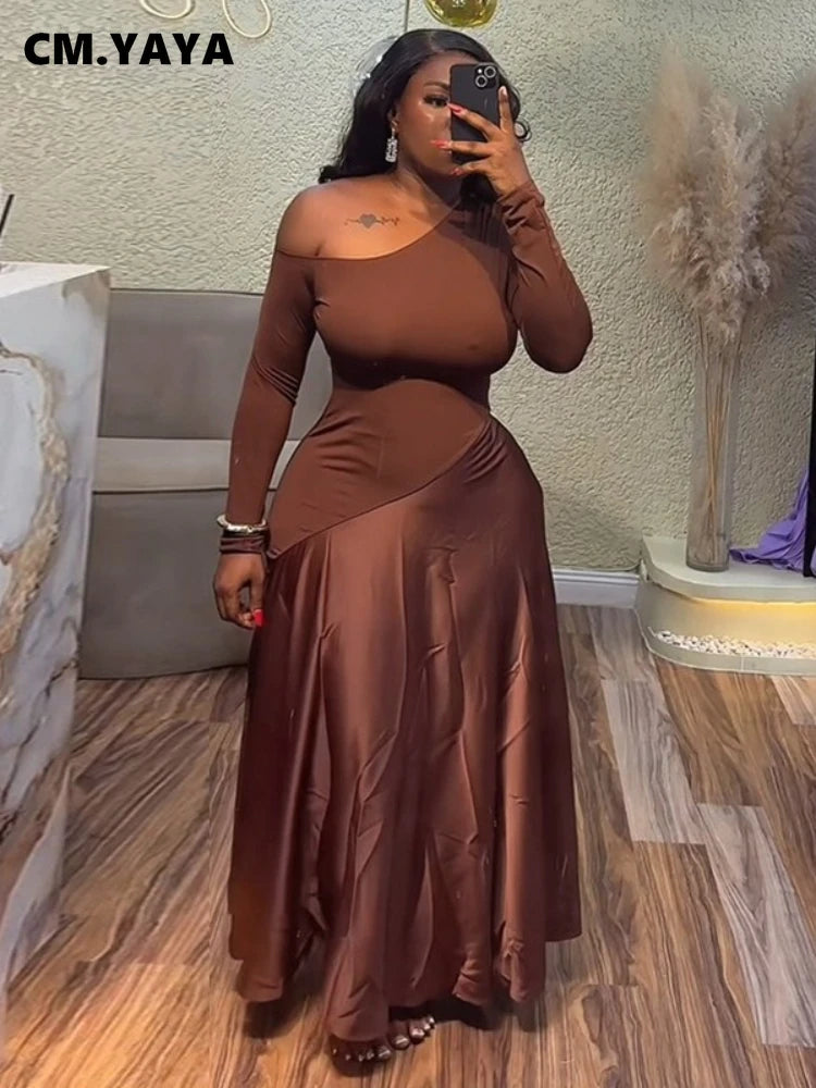 Women One Shoulder Full Sleeve Maxi Long Dress 2025 Summer Patchwork Vintage Birthday Sexy Club Party Evening Dresses