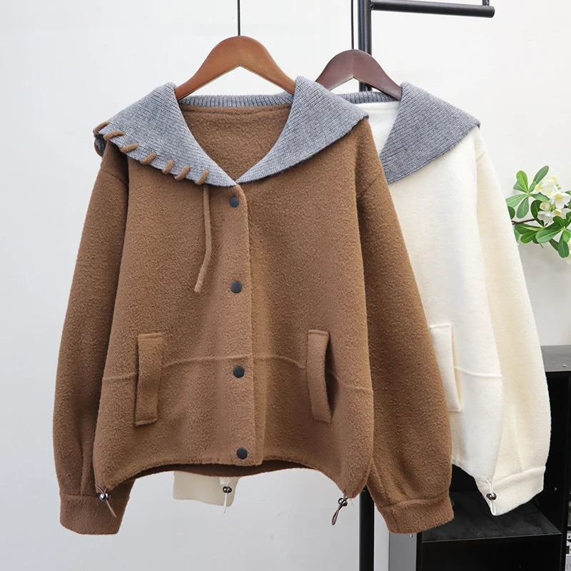Autumn Winter New Loose Contrast Color Design Knitted Double-Sided Cardigan For Women Sweater Jacket Female 11A07624 Coffee One Size