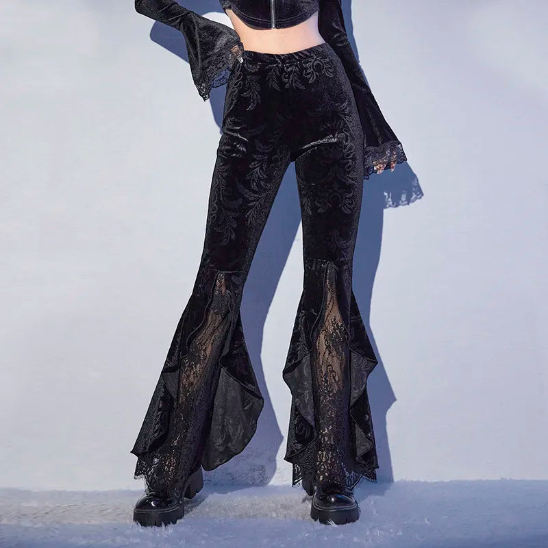 Y2K Gothic Black Lace Mesh Flared Pants Sexy Harajuku Aesthetic See Through Long Trousers Vintage Women Summer Pants Streetwear
