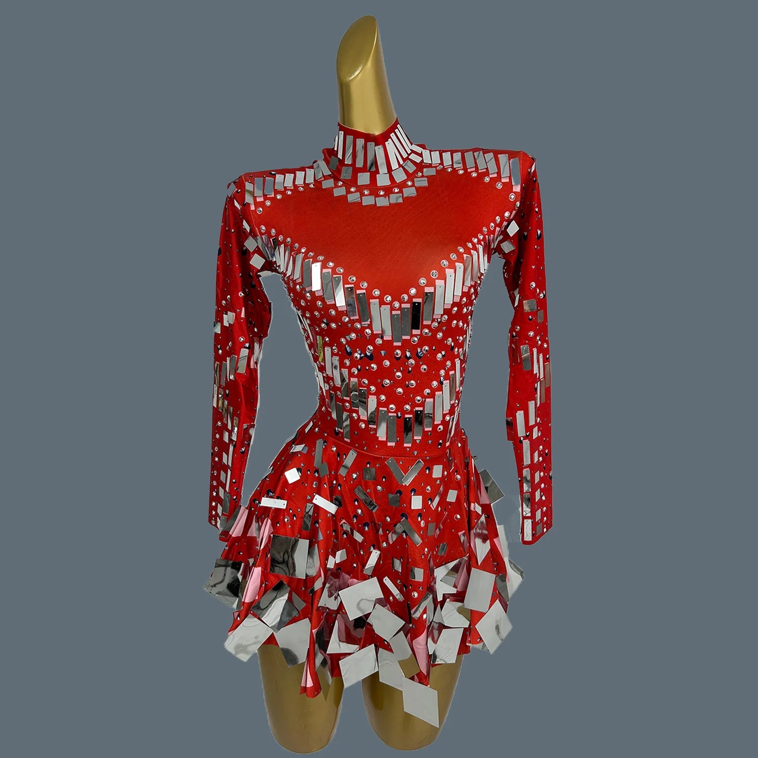 Fancy Sequins Pleated Mini Dress for Hot Girls Bar Nightclub Stage Show Outfit Dance Performance Wear Dance Troupe Outfit Xieshi Red Silver One Size