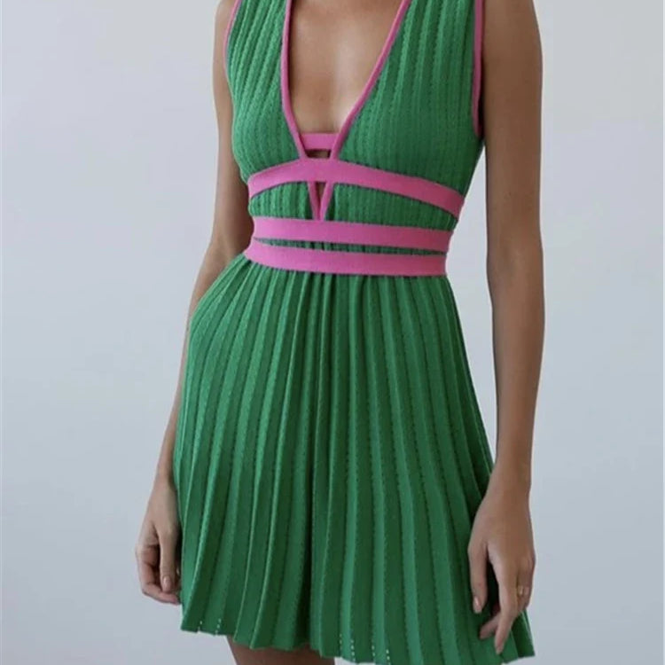 REALEFT Summer Deep V-Neck Knitted Women's Dresses High Waist Lace Up Casual Sleeveless Solid Sexy Mini Dresses Female Ladies green One Size