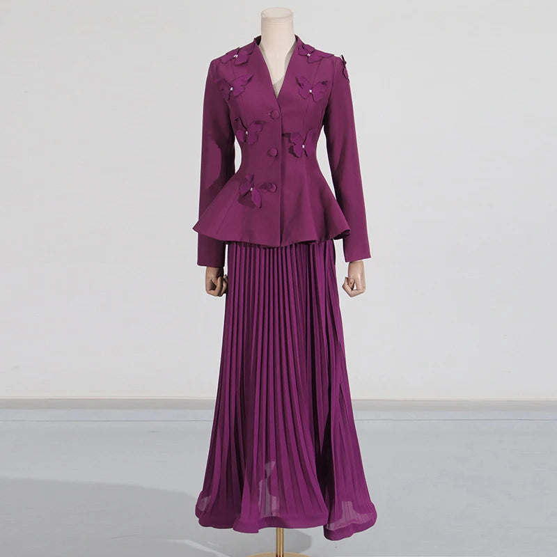 Solid Two Piece Sets for Women V Neck Ling Sleeves Spliced Applique Top High Waist Patchwork Folds Skirt Set Female PURPLE