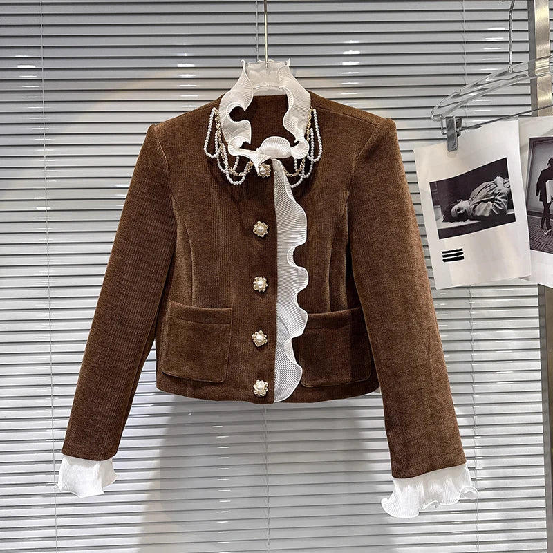 Winter New Fashion New Style Pearl Chain Cotton Jacket Corduroy Straight Pants Two-pieces Set For Women 11A07593