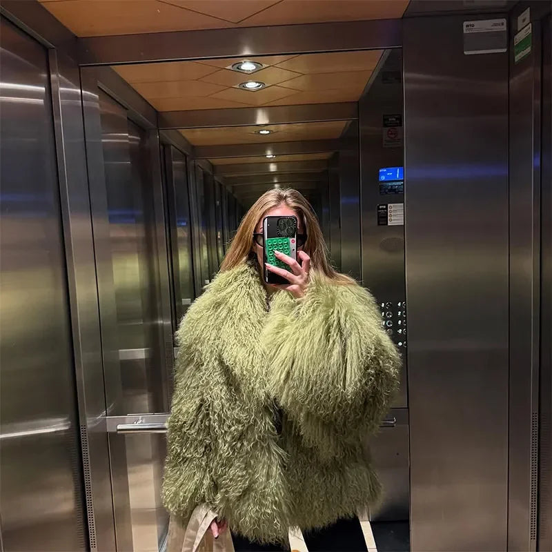 Green Luxury Fluffy Faux Fur Jacket Women Fashion Lapel Long Sleeve Loose Warm Coat 2025 Winter Lady High Street Outerwear green
