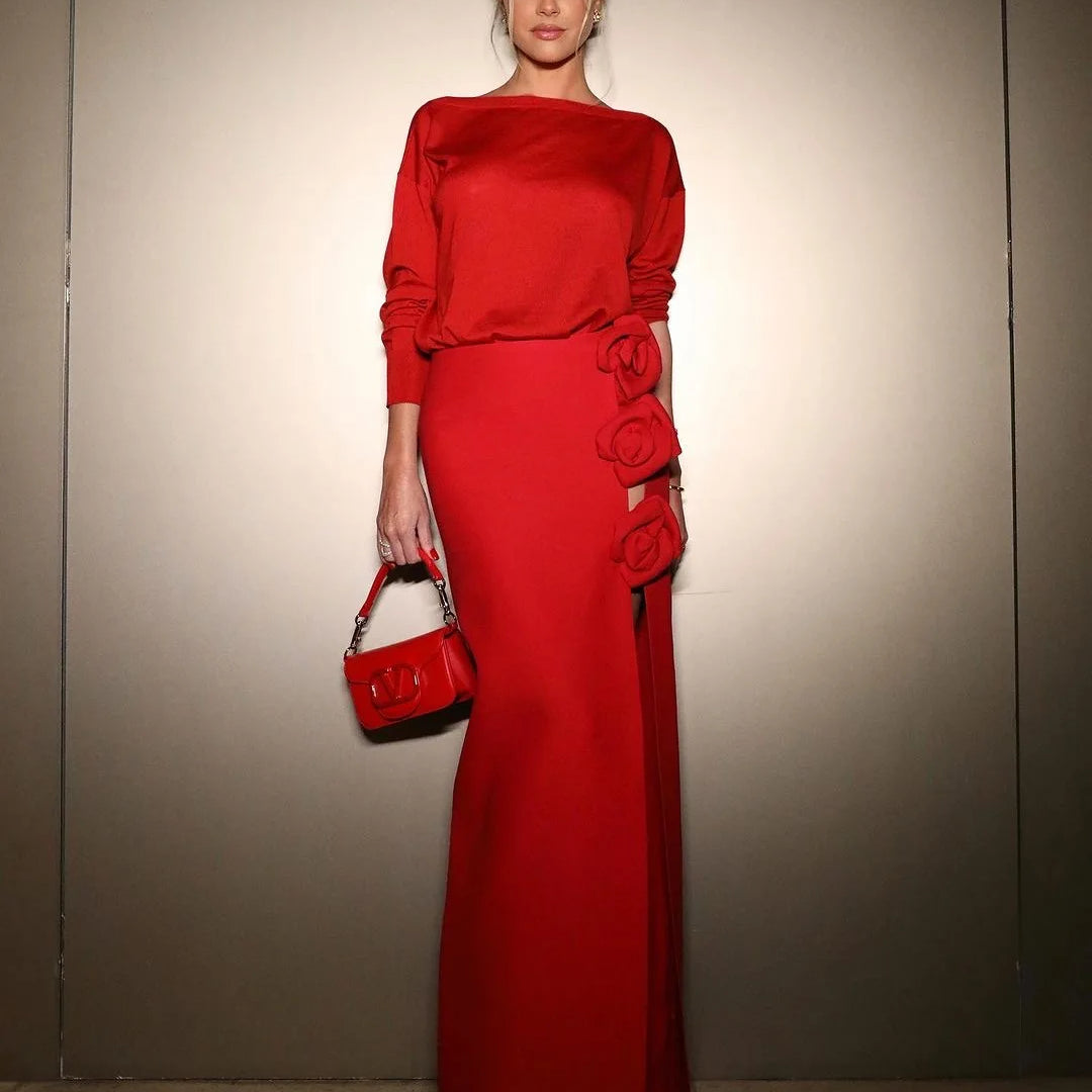 Rose Decoration Sexy High Split Red Bandage Long Shikt Fashion Graceful woman Item Evening Party Outfit
