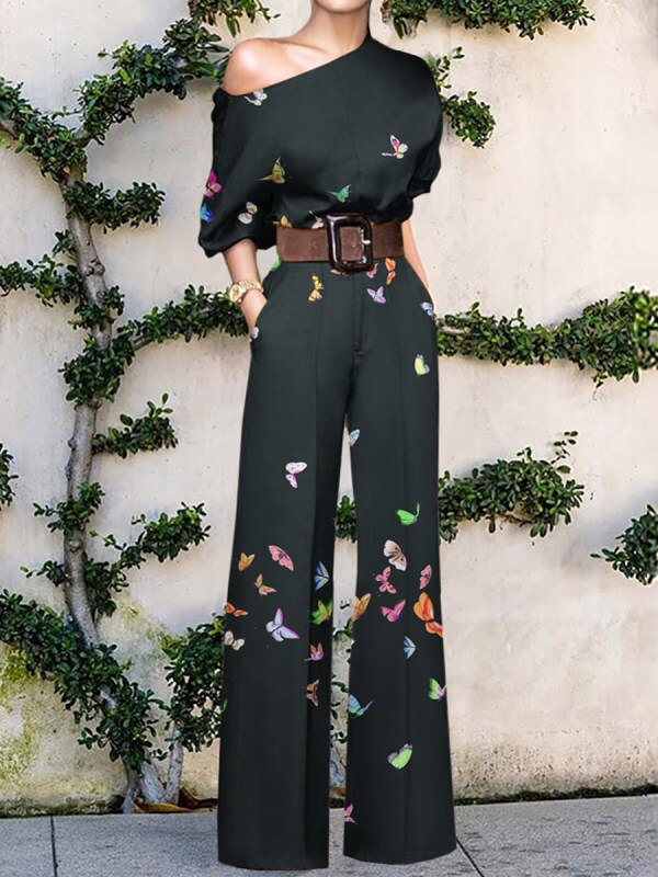 Print Jumpsuit Women Autumn and Spring 2024 New Fashion Long Sleeve Lapel Loose Casual Elegance Green Jumpsuits Black