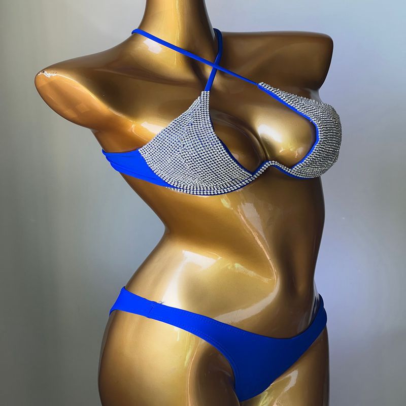 Sexy Push Up Gathered Triangle Bikini Luxury Rhinestone Crysta Diamond Women's Swimwear Summer Shiny Blue Swimsuit Biquini