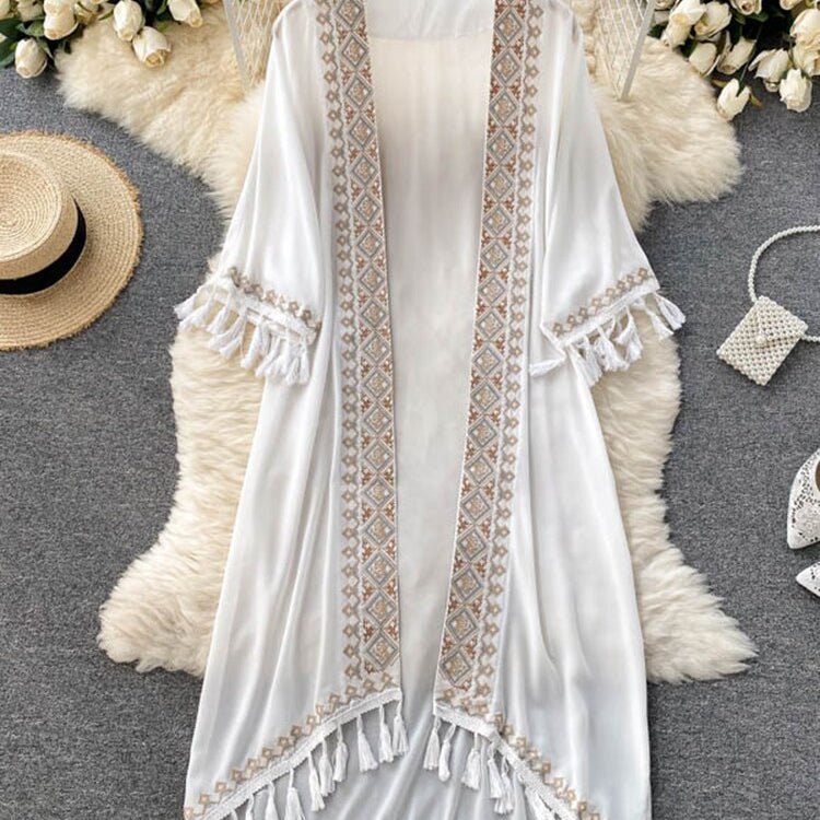 Summer Pareo Beach Kimono Bohemian Cover Up Long Fashion Embroidery Poncho Cardigan Tassel Chiffon Shirt White One Size