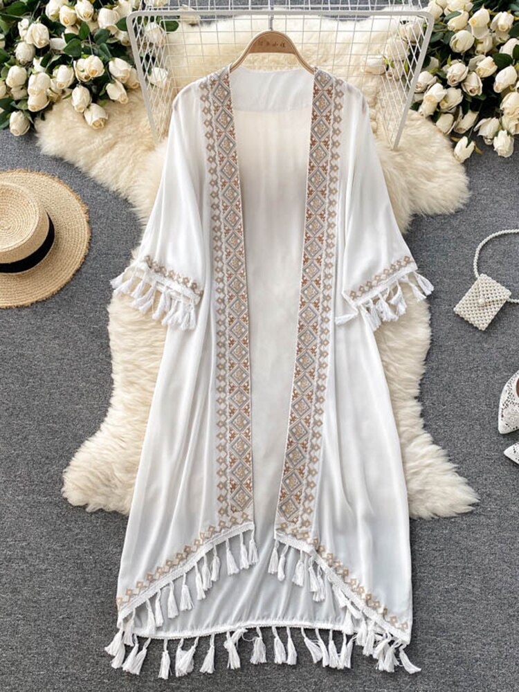 Summer Pareo Beach Kimono Bohemian Cover Up Long Fashion Embroidery Poncho Cardigan Tassel Chiffon Shirt White One Size