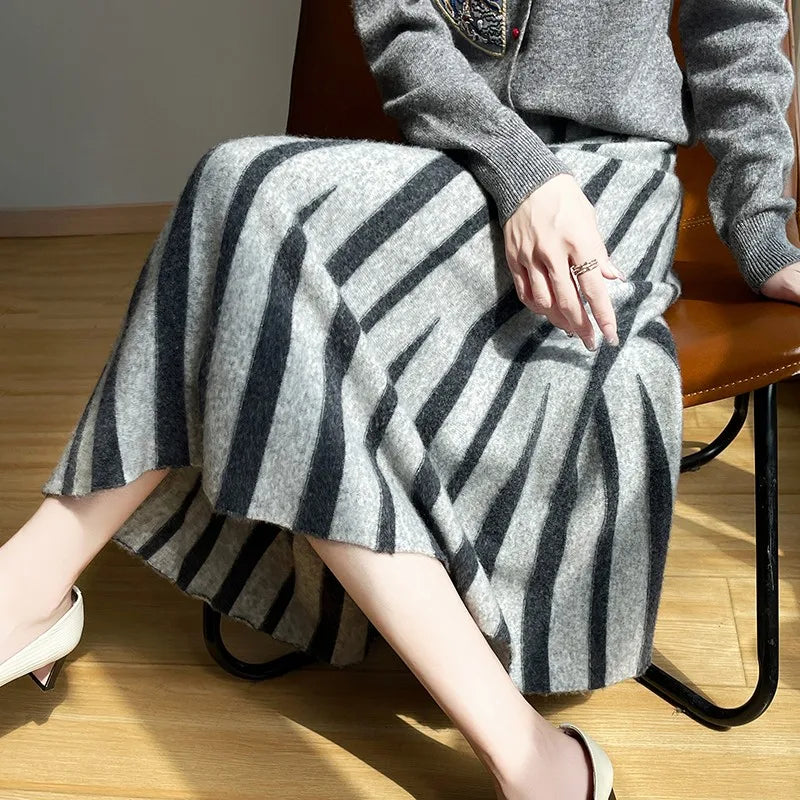 100% Pure Wool Half Skirt Women's High Waisted Knitted Long Skirt Fashion Striped A-Line Skirt Umbrella Skirt Autumn Winter New GRAY