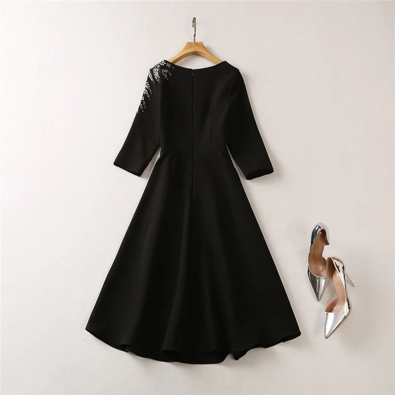 Solid Slimming Elegant Dresses for Women Slash Neck Half Sleeves Patchwork Bead Temperament Dress Female Clothing