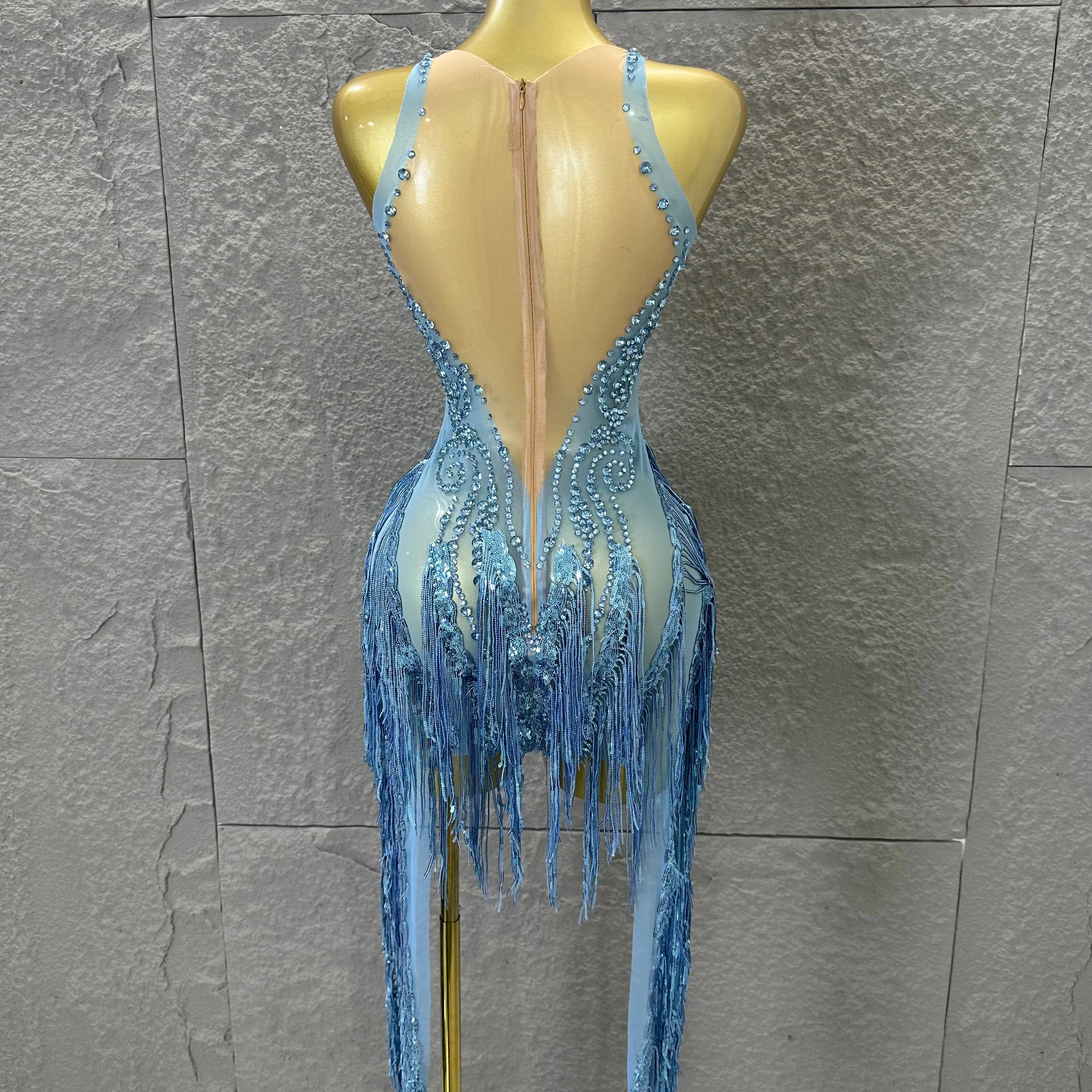 Refined Blue Spaghetti Strap Mini Dress Women Sheer Mesh Rhinestone Fringe Embellished Latin Dance Performance Costume