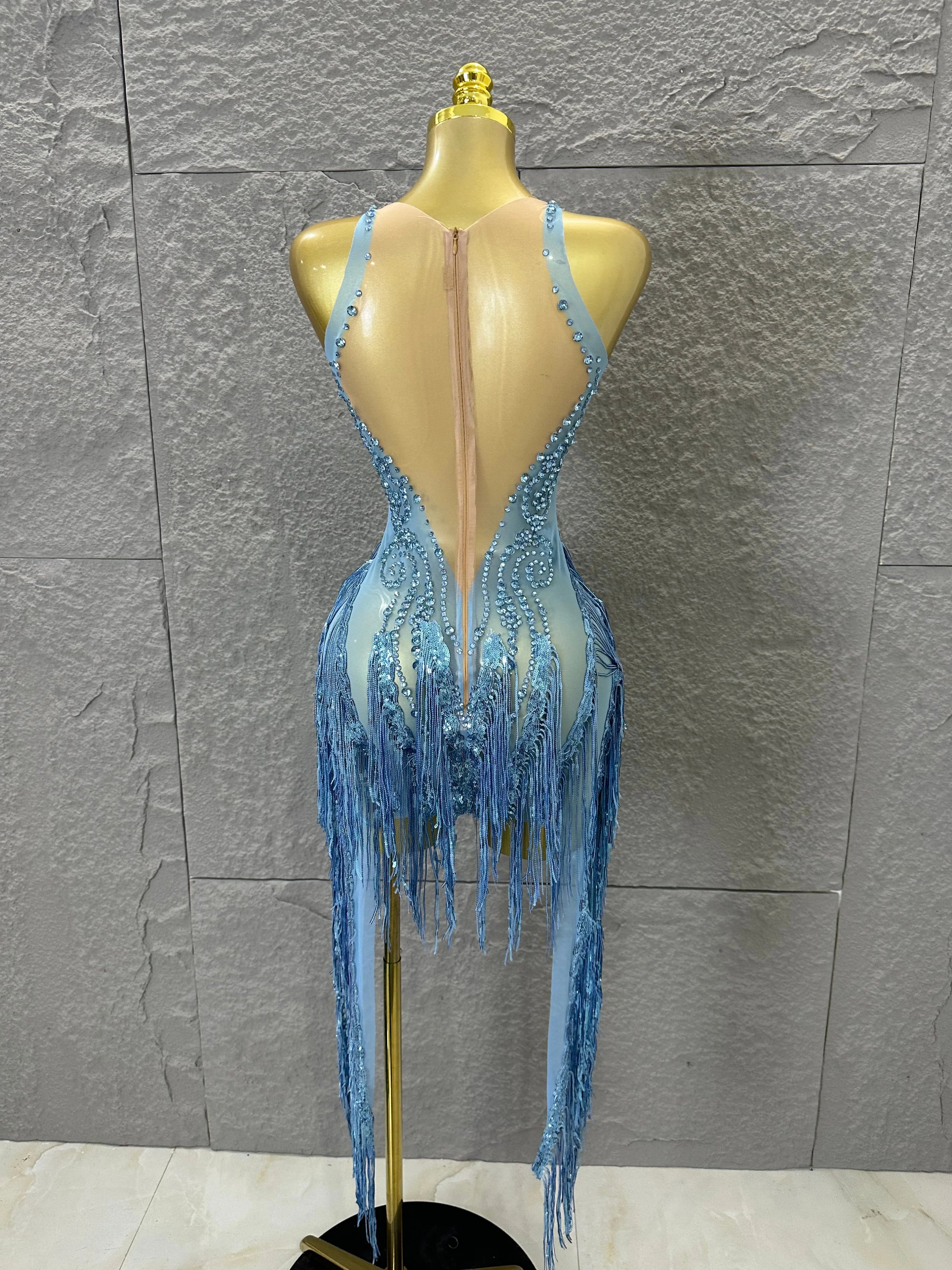 Refined Blue Spaghetti Strap Mini Dress Women Sheer Mesh Rhinestone Fringe Embellished Latin Dance Performance Costume