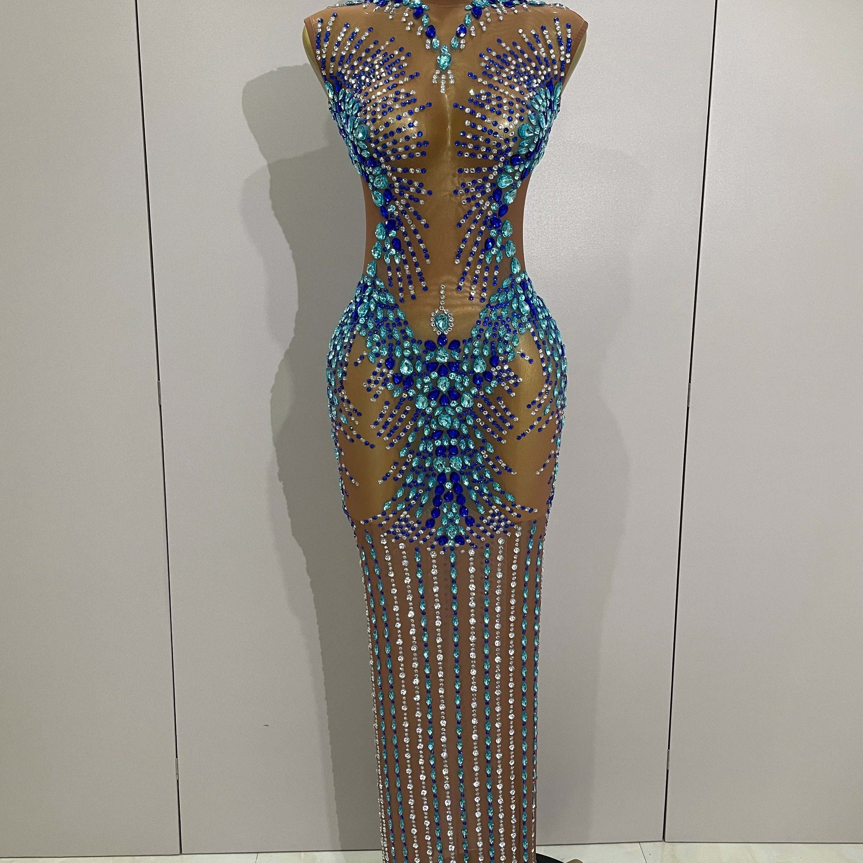 Luxury Sparkly Rhinestones Nude Sexy Mesh Maxi Dress 2025Women Evening Birthday Party Elegant Gown Show Red carpet Stage Costume MULTI