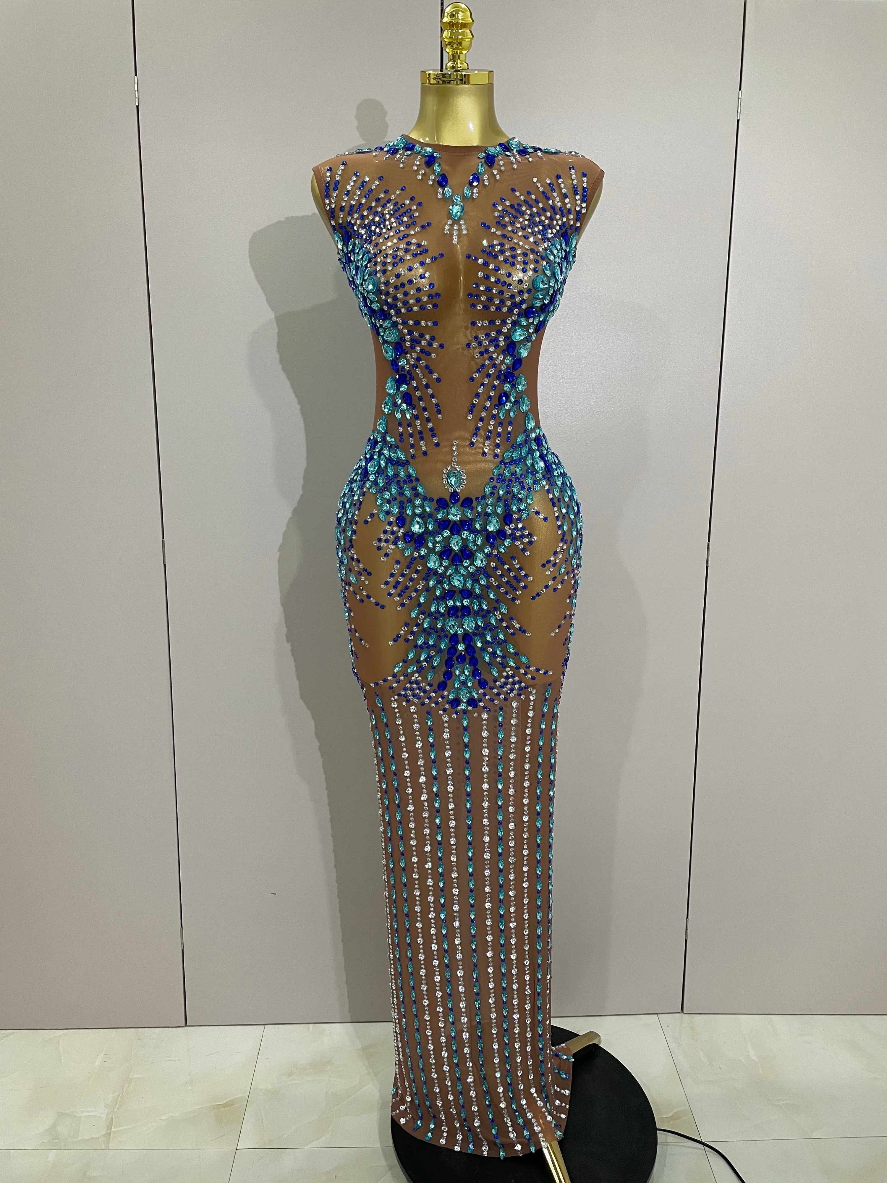 Luxury Sparkly Rhinestones Nude Sexy Mesh Maxi Dress 2025Women Evening Birthday Party Elegant Gown Show Red carpet Stage Costume MULTI