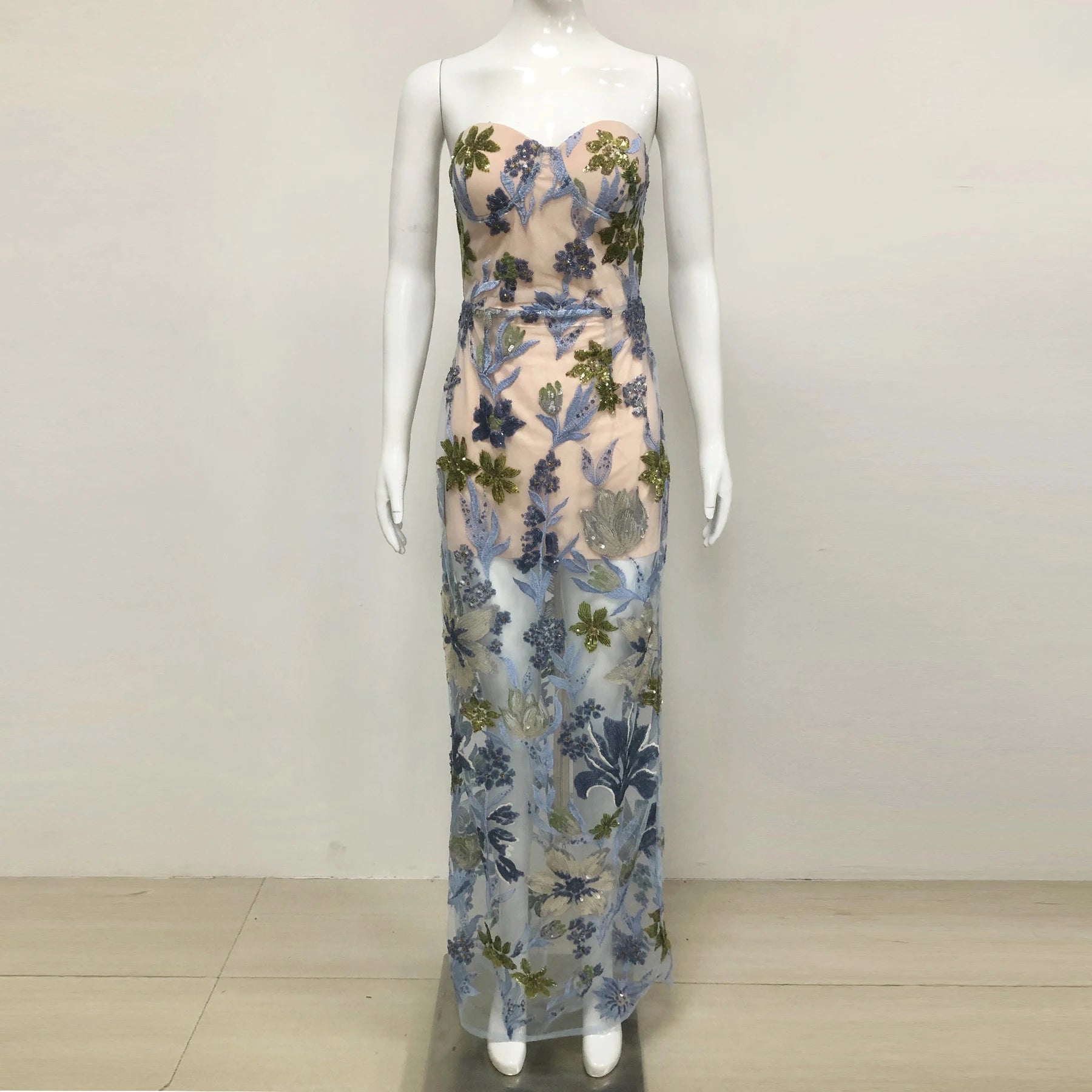 Sequin Flower Embroidery Sexy Mesh See Through Strapless Ankle Length Dress Woman Evening Party Dress Celebrity Cocktail Vestido