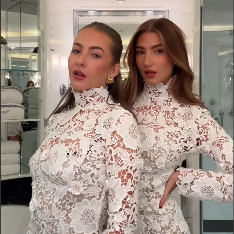 White Color Women Long Sleeve Sexy Lace Hollow Out Bodycon Mini Dress Nightclub Party Celebrate Birthday Fashion Wear