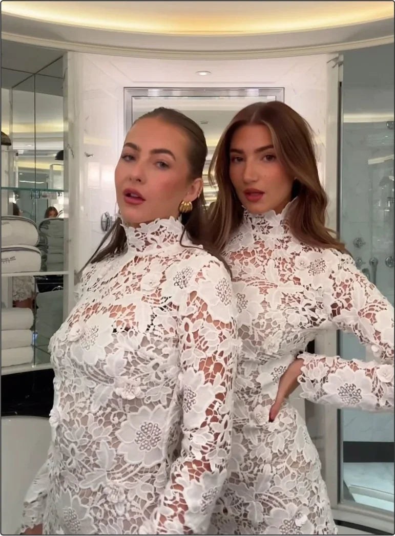 White Color Women Long Sleeve Sexy Lace Hollow Out Bodycon Mini Dress Nightclub Party Celebrate Birthday Fashion Wear