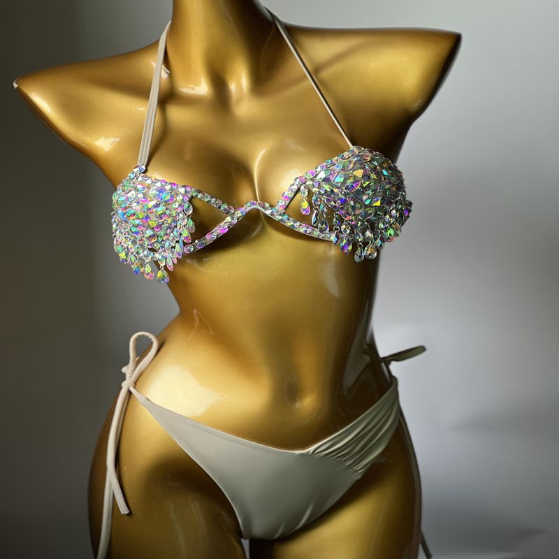 Sexy Gathered Rhinestone Bikini Luxury Crystal Diamond Women's Swimsuit Push Up Bandage Micro Swimwear Biquini Flesh color