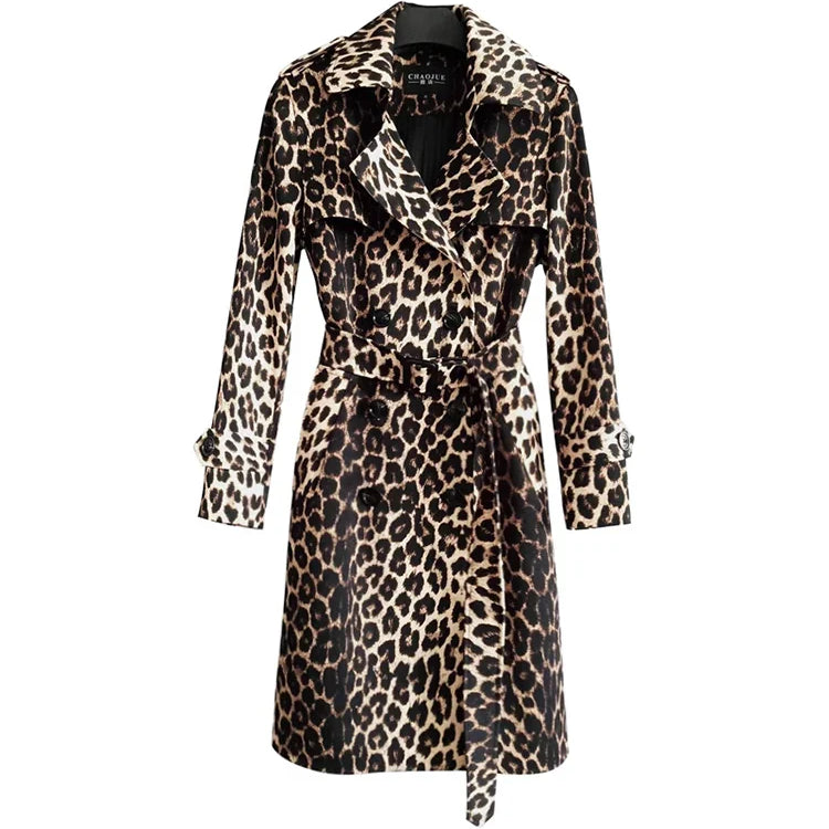 Spring Autumn Long Stylish Leopard Print Trench Coat for Women Belt Double Breasted Casual Luxury Designer Clothes 2023