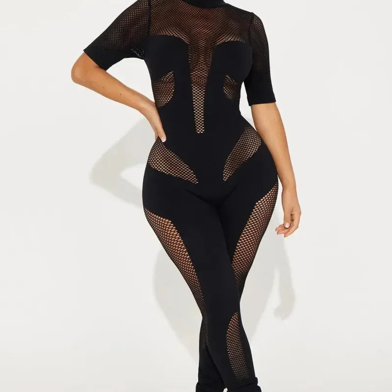 CM.YAYA Short Sleeve Women Mesh Hollow Out O-neck Rompers Jumpsuits 2024 Summer Sleep Night Club Party One Piece Sexy Outfits