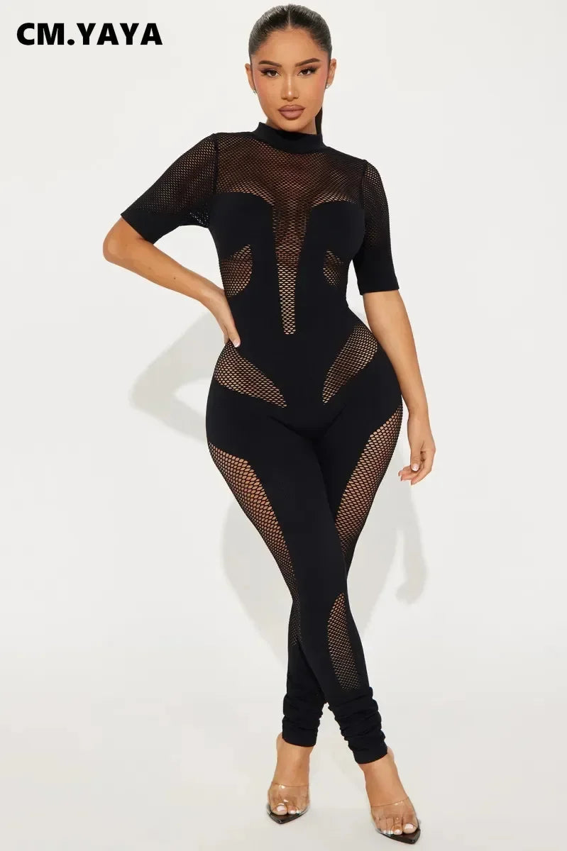 CM.YAYA Short Sleeve Women Mesh Hollow Out O-neck Rompers Jumpsuits 2024 Summer Sleep Night Club Party One Piece Sexy Outfits