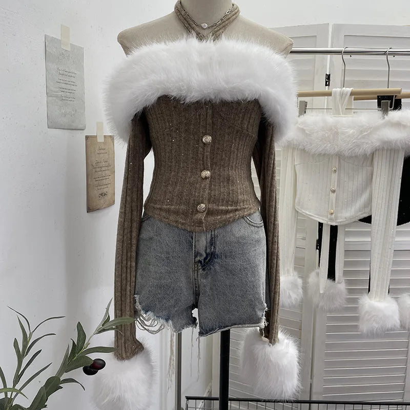 Spring New Detachable Fur Collar Lace-Up Halter Neck Off-Shoulder Knit Sweater For Women Slim Fit Short Top 11A07918 Khaki One Size