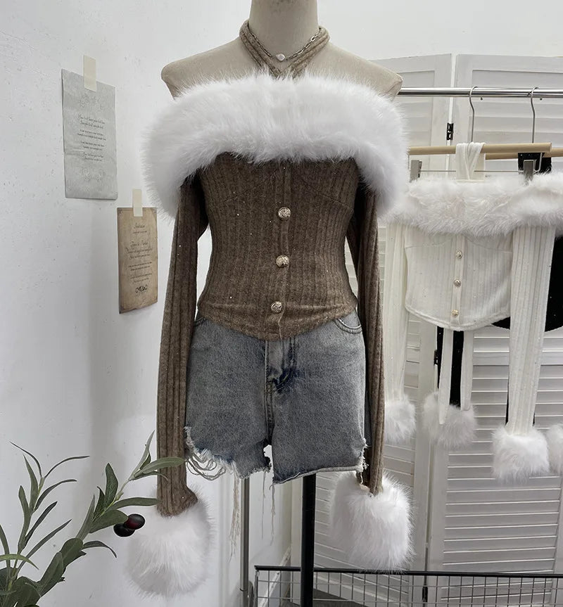 Spring New Detachable Fur Collar Lace-Up Halter Neck Off-Shoulder Knit Sweater For Women Slim Fit Short Top 11A07918 Khaki One Size