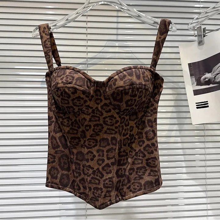 Winter New Fashion Suede Leopard Print Fishbone Waist Cinching Chest Pad Camisole For Women Tank Tops Female 11A07581