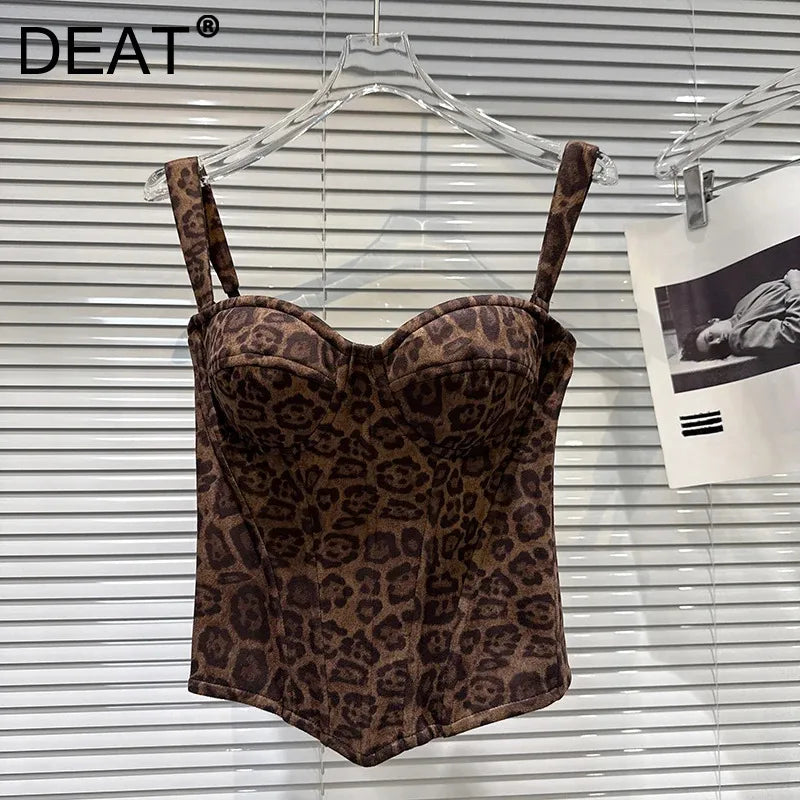 Winter New Fashion Suede Leopard Print Fishbone Waist Cinching Chest Pad Camisole For Women Tank Tops Female 11A07581