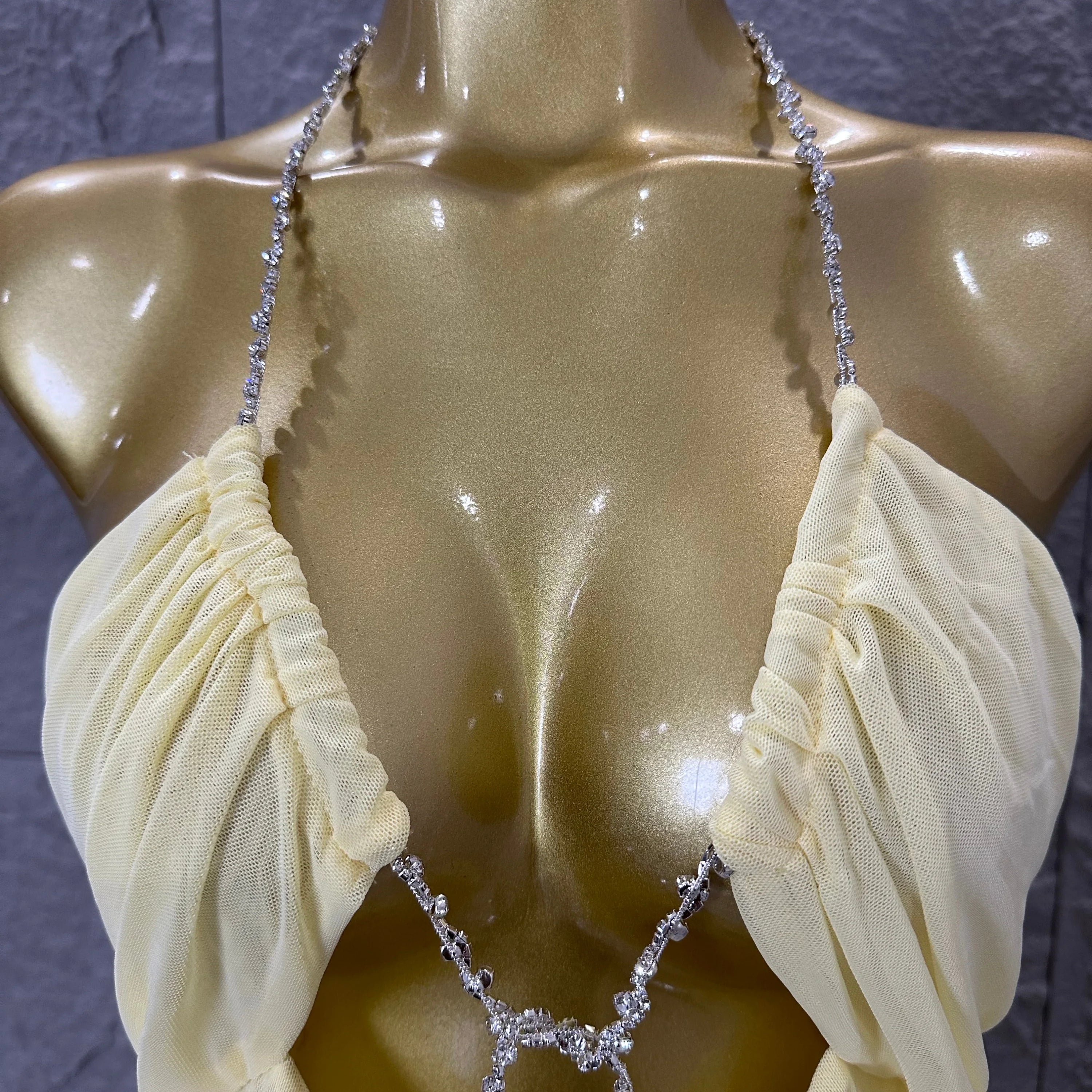 Sexy Halter Neck Maxi Dress Crystal Chain Cutout Ruched Women Sheer Mesh Form Outfit Glamorous Evening Gala Party Costume