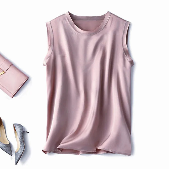 Women Korean Fashion Satin Office Lady Tank Top Summer ice Silk Tank Top Solid comfortable elegant wild shirt Black White Pink pink purple