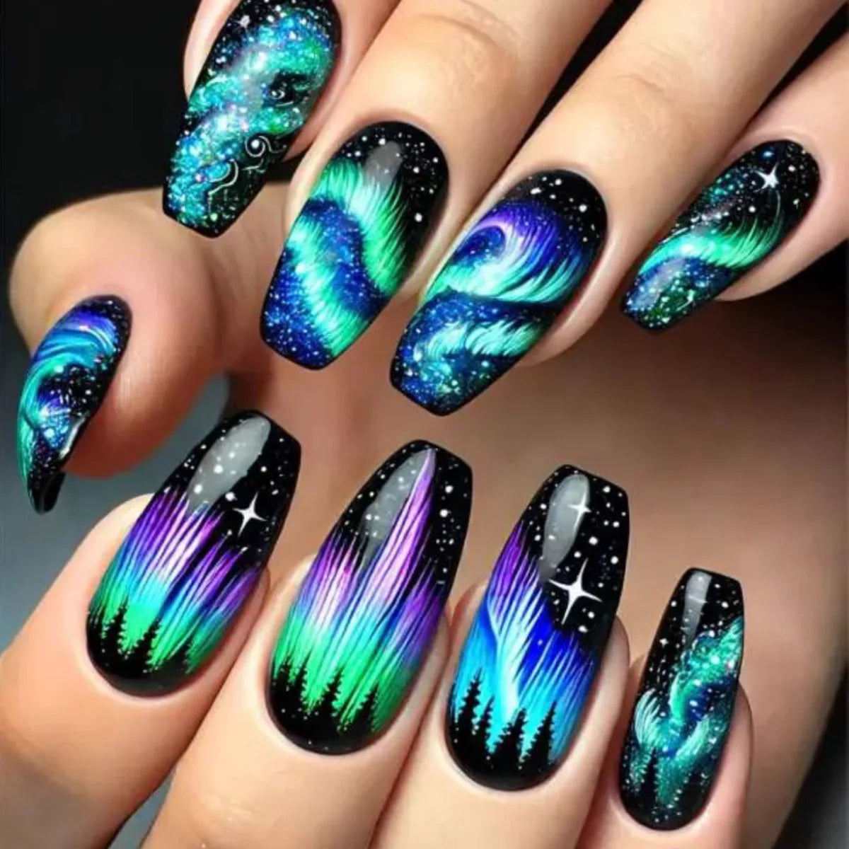 24pcs/set Medium long fake nails for women girls Y2K gradient purple blue yellow green square almond tips press on false nails 2679