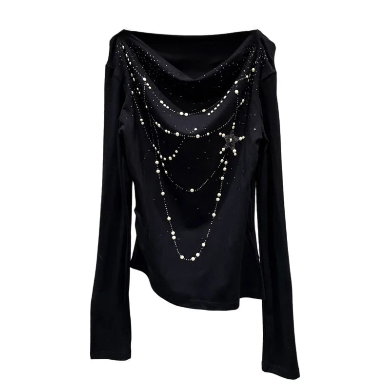 Winter New Sweet Fashion Pearl Rhinestone Hot Rhinestone Chain Pattern T-Shirt For Women Off-shoulder Tops 11A07486