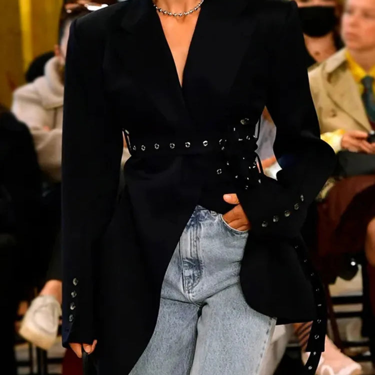 Patchwork Belt Chic Blazer For Women Notched Collar Long Sleeve Spliced Pocket Temperament Blazers Female Fashion BLACK