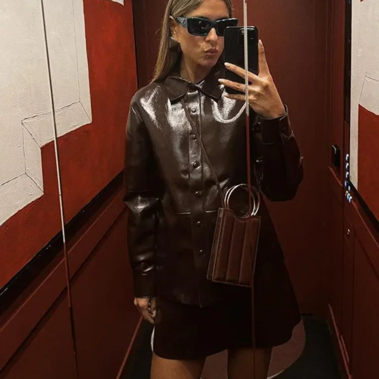 PU Leather Jackets Short Skirt Sets Women Single-Breasted Jacket Suits With High Waisted Mini Skirts Lady High Street Outfits