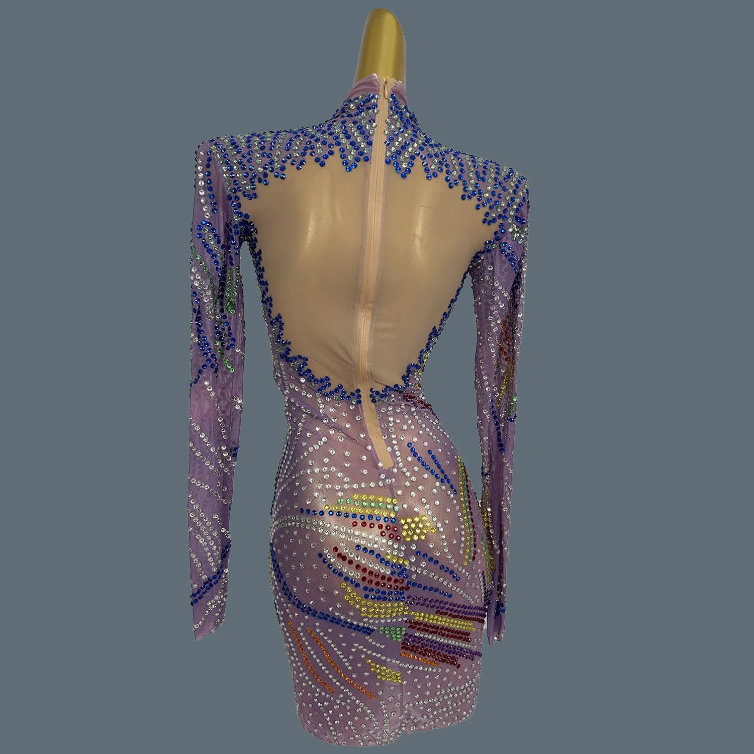 Sparkly Multicolour Rhinestone Mini Dress Sexy Women See Through Mesh Event Short Dress Birthday Party Photo Shoot Wear Malanhui