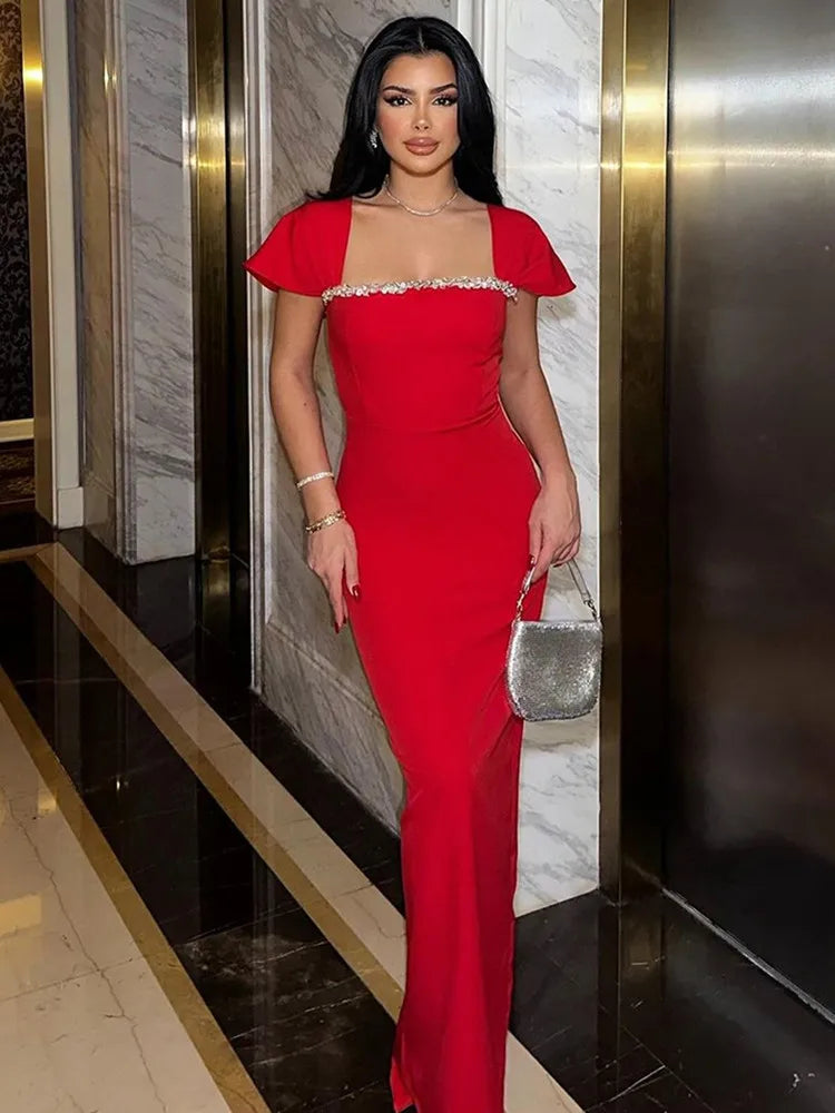 Women Celebrity Sexy Beading Diamonds Blue Red Black Maxi Long Bodycon Bandage Dress 2025 Elegant Evening Club Party Dress Red