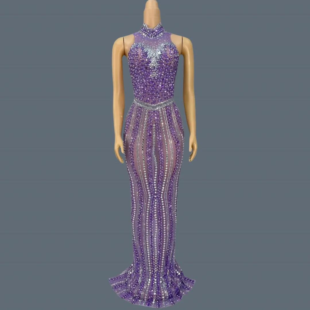 High-quality Purple Crystals Sexy Evening Gown Luxury Dinners Ball Dress Women's Birthday Party Stage Elegant Mesh Dress zizi PURPLE