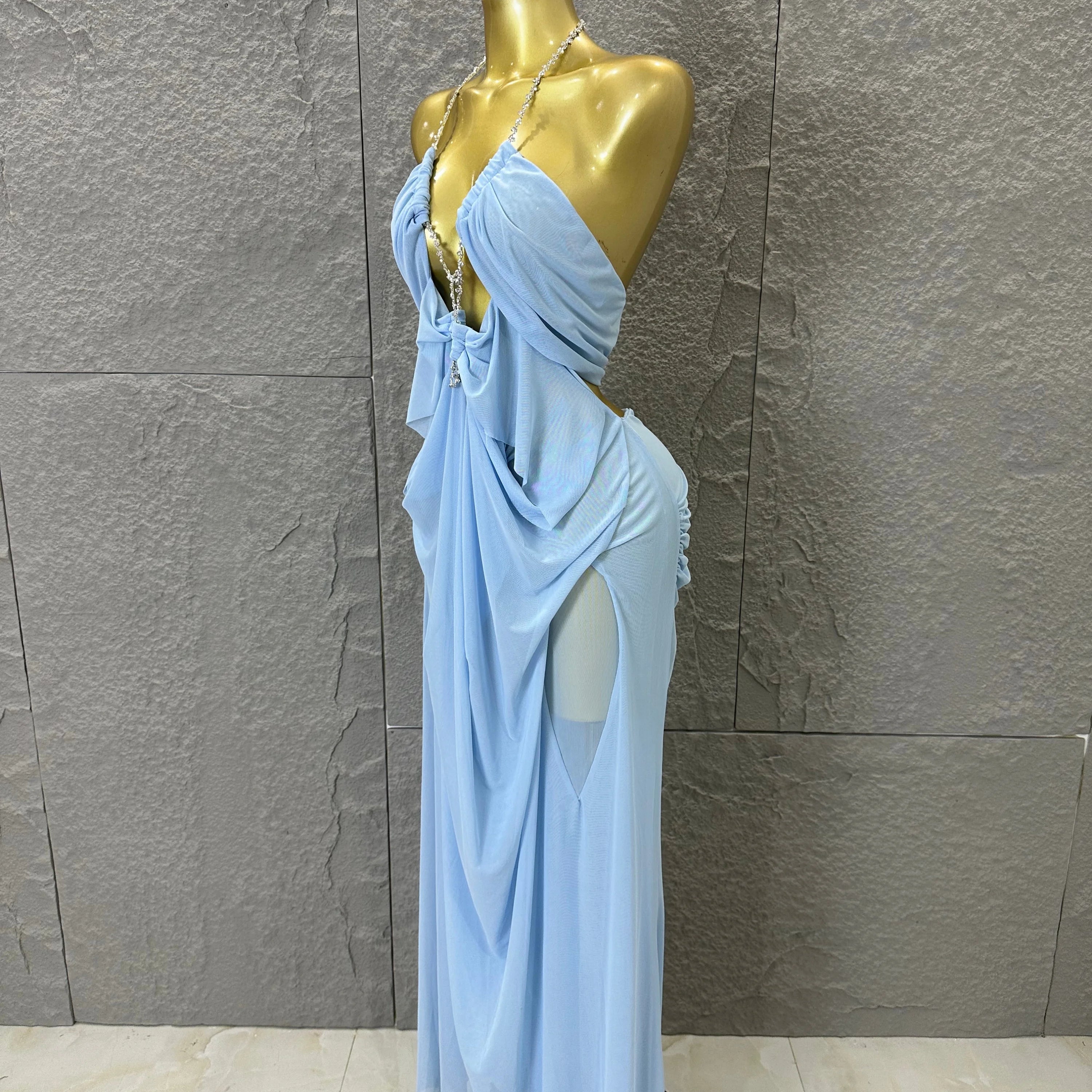 Sexy Halter Neck Maxi Dress Crystal Chain Cutout Ruched Women Sheer Mesh Form Outfit Glamorous Evening Gala Party Costume